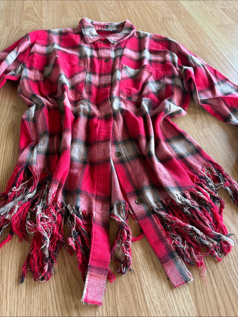 Women’s Red Plaid Button-Down Shirt with Frayed Hem